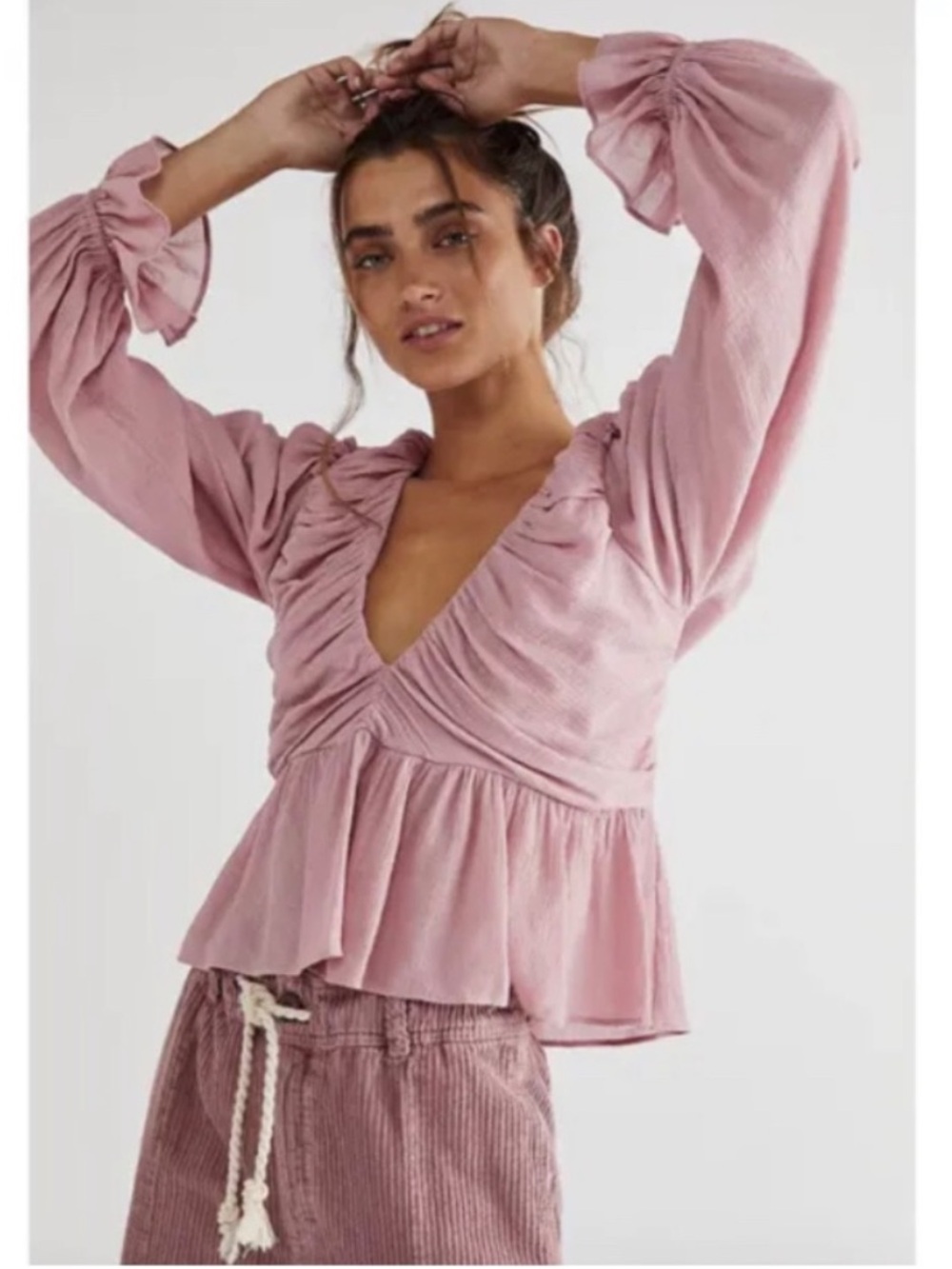 Free people light pink blush Daia romantic long sleeve blouse top
